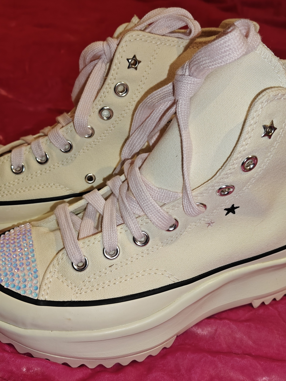Women's Cream Stars Pink Laces High-Top Platform Sneakers with Rhinestone Toe 9